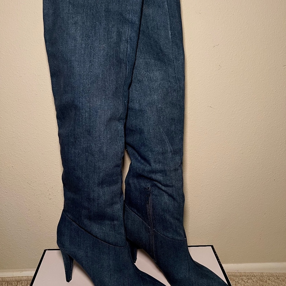 Nidia2 Dark Blue Denim Mid-Heel Knee Boots – Size 7.5
